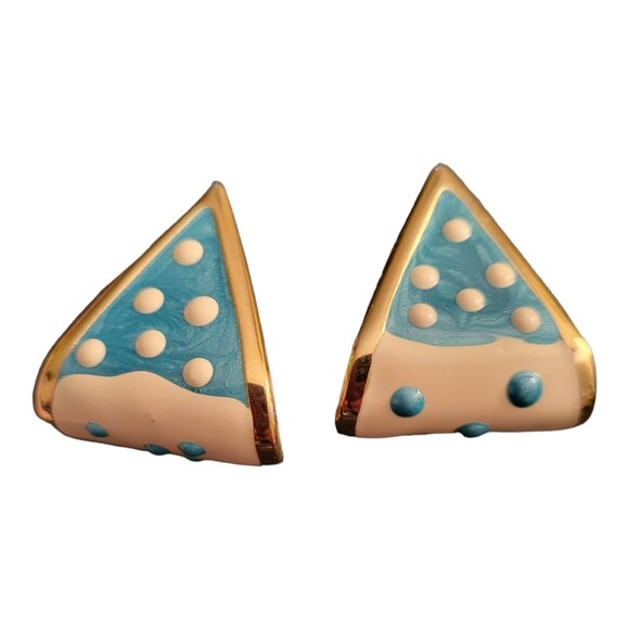 Triangle Enamel on Tin Pierced Earrings Bluegreen  and Off White - Picture 1 of 4